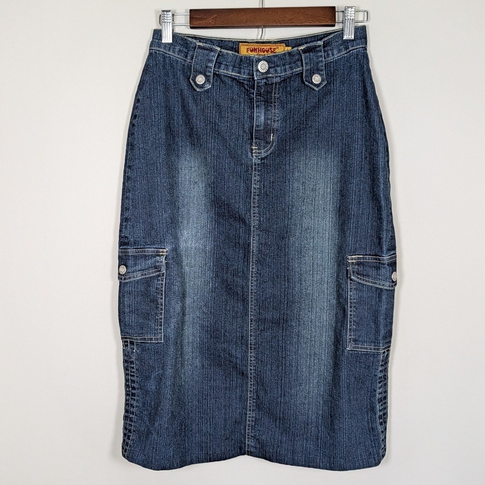 90s Vtg Funhouse Jeans Denim Cargo Midi Skirt Dark Wash Y2K Utility Grunge Sz 3